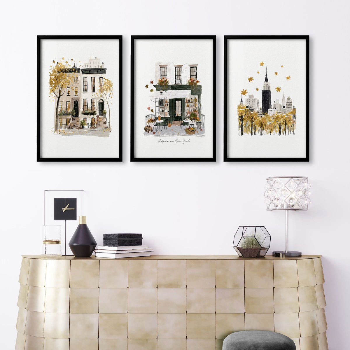 Large Paintings for Living Room Wall "Autumn in New York" NYC Travel wall art displayed on a wall in a styled room — view 7