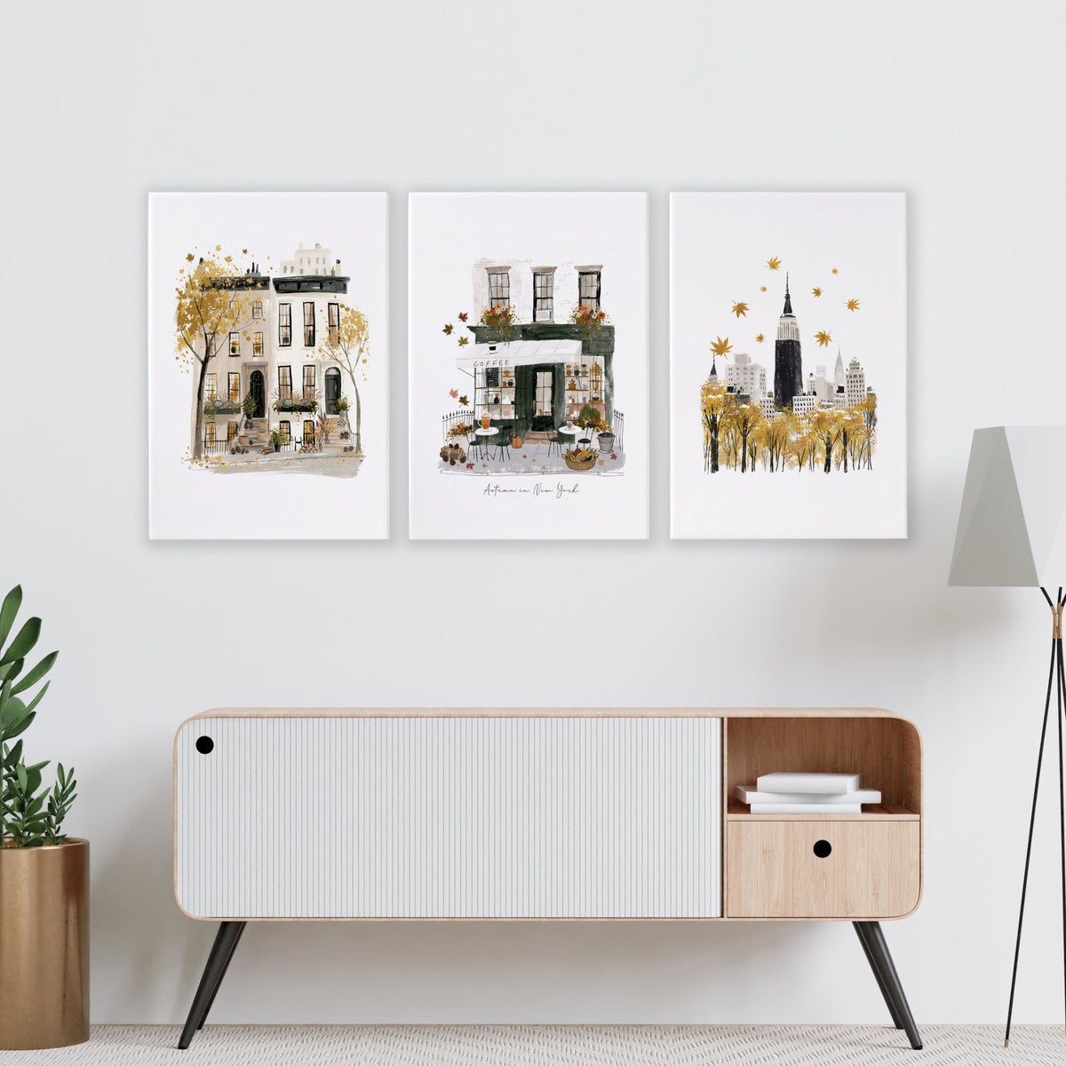Large Paintings for Living Room Wall "Autumn in New York" NYC Travel wall art displayed on a wall in a styled room — view 8