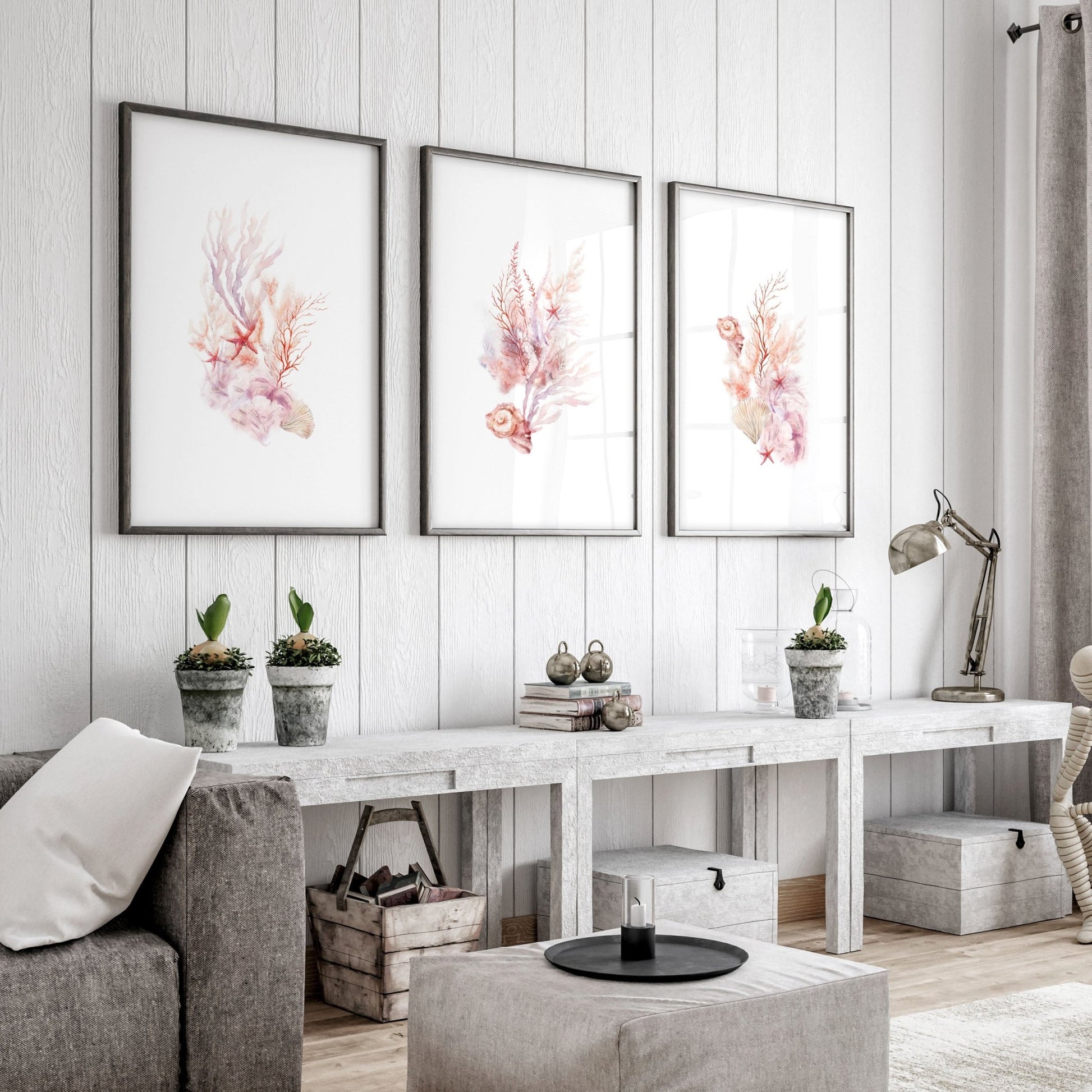 Large Paintings For Wall | Set of 3 Seashells Wall art Prints