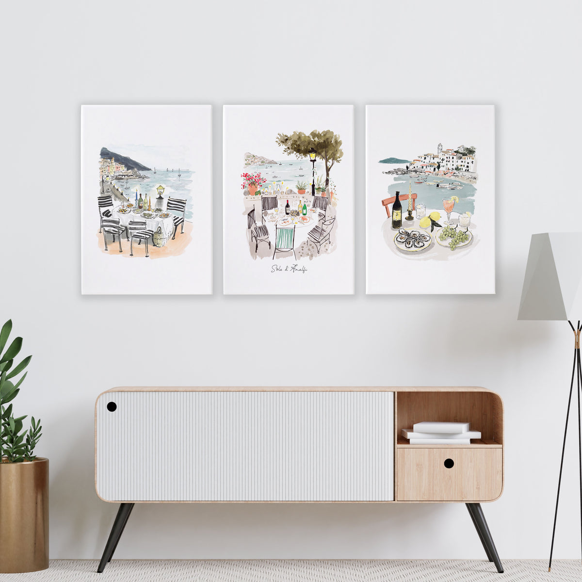 Large Pictures for Living Room "Solo d'Amalfi" Mediterranean Coastal Watercolour wall art displayed on a wall in a styled room — view 12