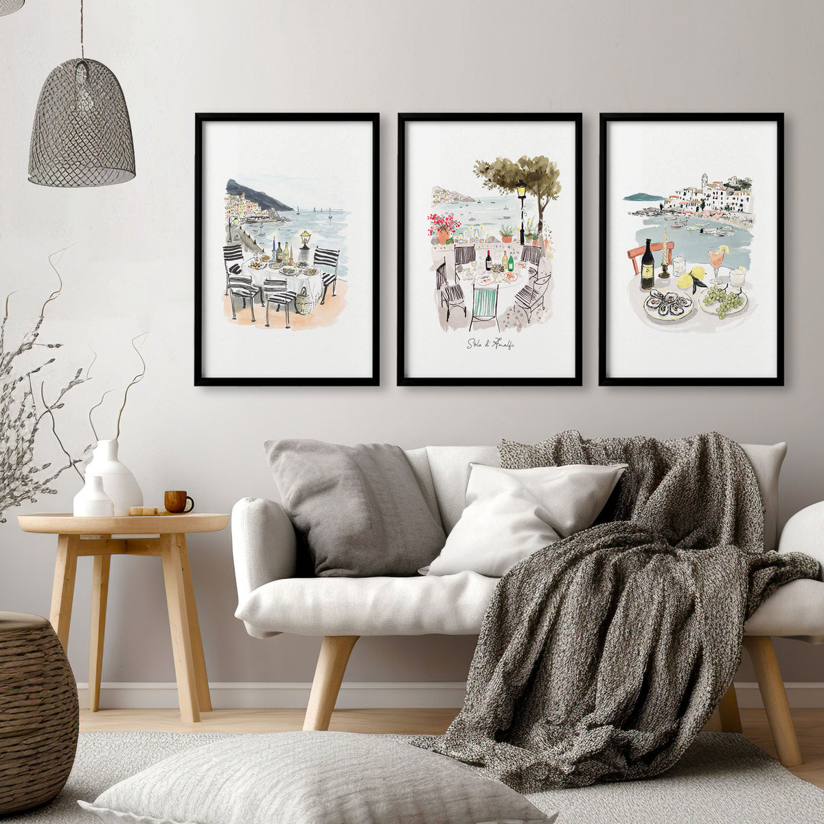 Large Pictures for Living Room "Solo d'Amalfi" Mediterranean Coastal Watercolour wall art displayed on a wall in a styled room — view 13