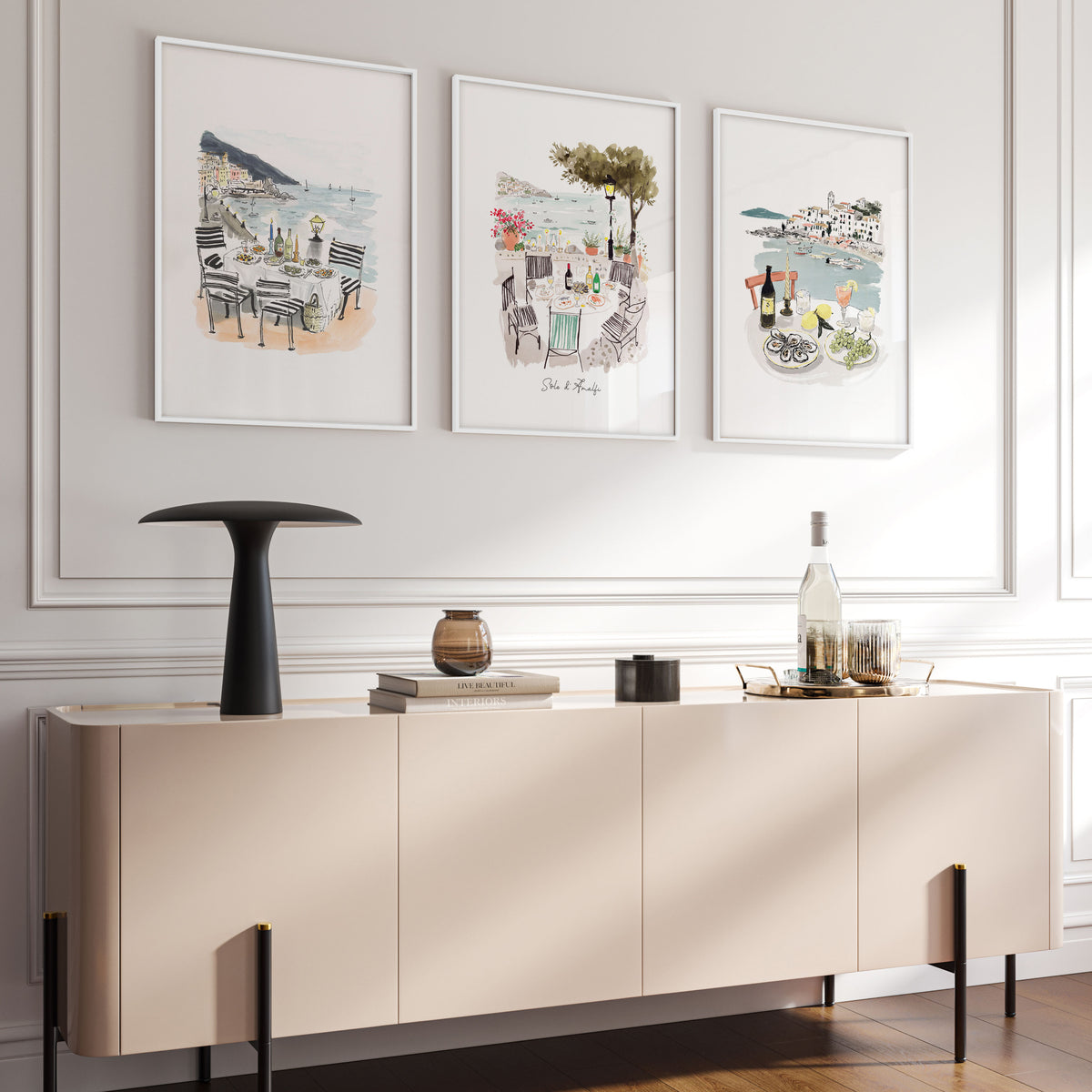 Large Pictures for Living Room "Solo d'Amalfi" Mediterranean Coastal Watercolour wall art displayed on a wall in a styled room — view 16