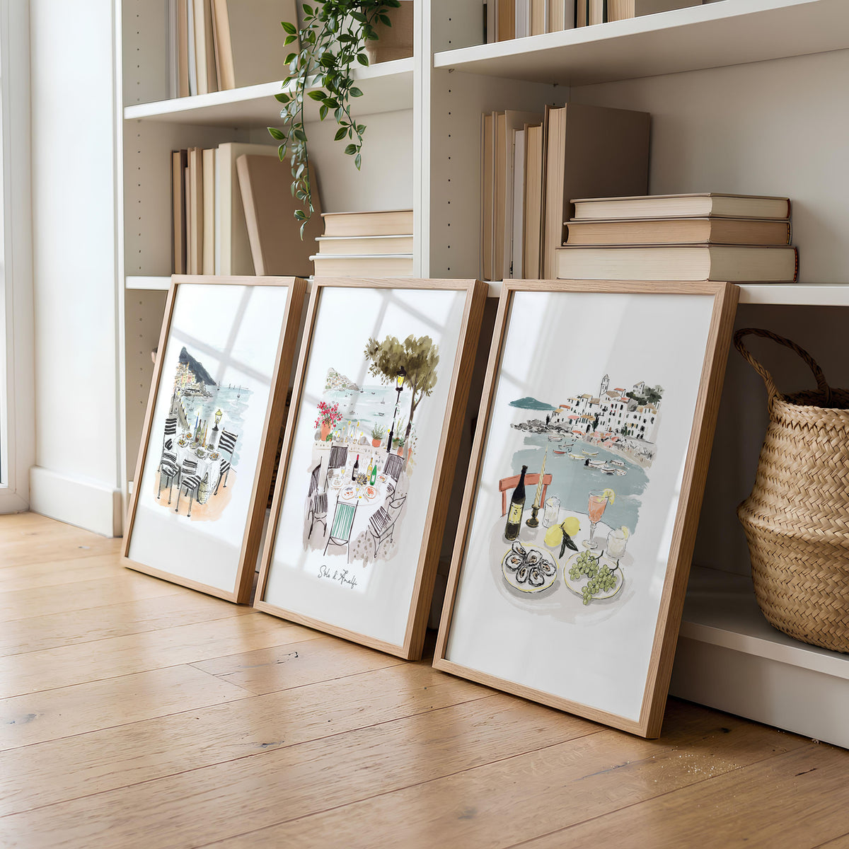 Large Pictures for Living Room "Solo d'Amalfi" Mediterranean Coastal Watercolour wall art displayed on a wall in a styled room — view 2
