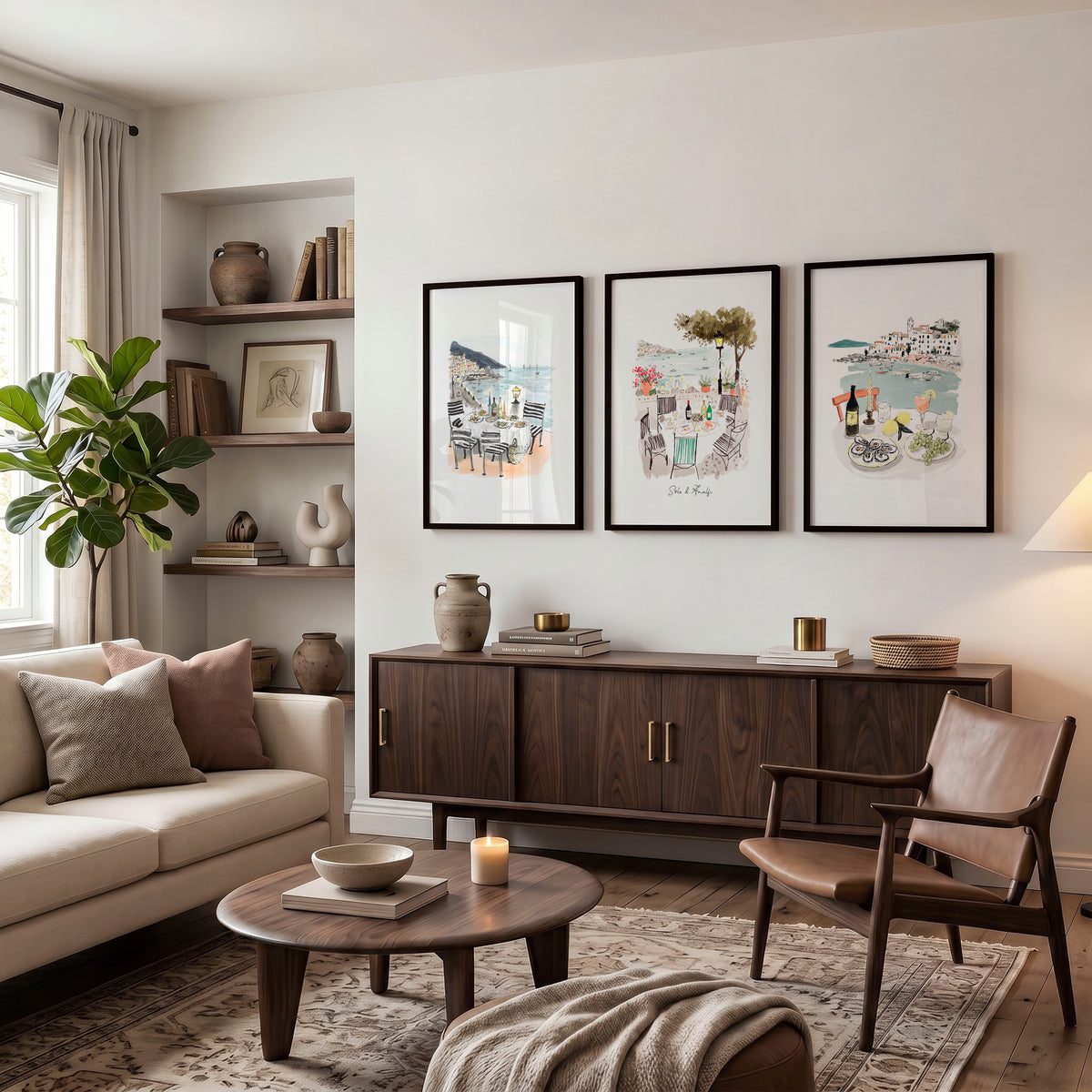 Large Pictures for Living Room "Solo d'Amalfi" Mediterranean Coastal Watercolour wall art displayed on a wall in a styled room — view 3