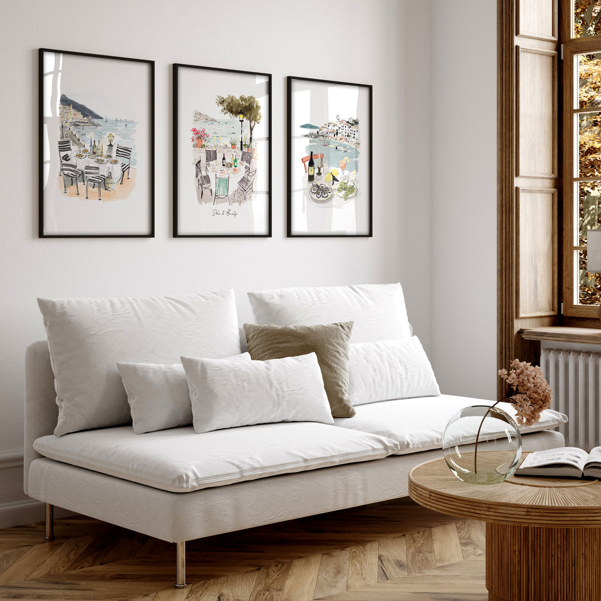 Large Pictures for Living Room "Solo d'Amalfi" Mediterranean Coastal Watercolour wall art displayed on a wall in a styled room — view 6