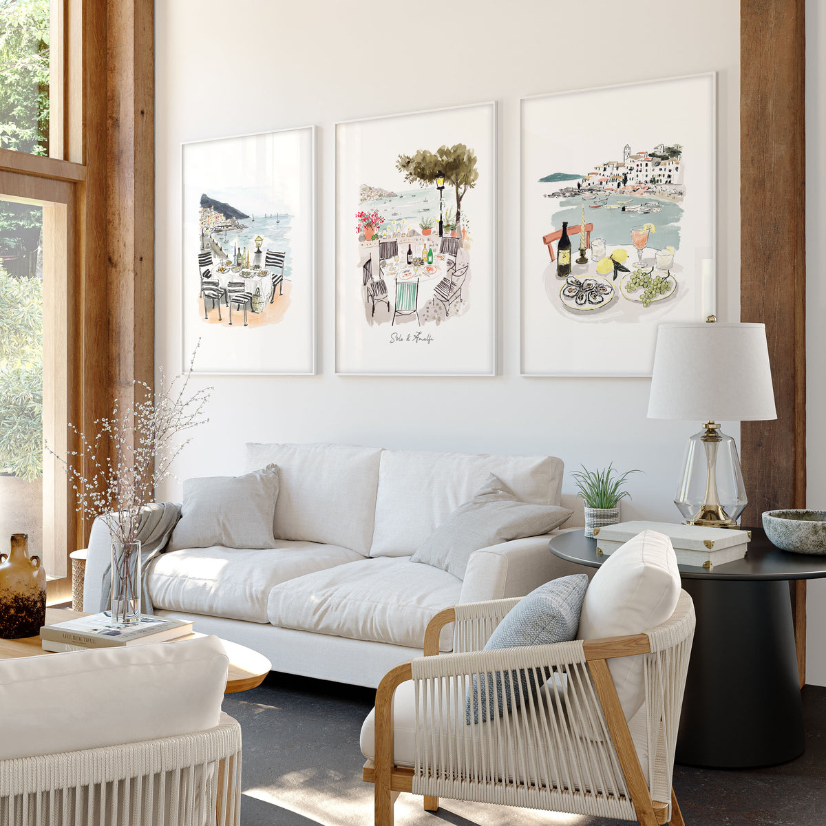 Large Pictures for Living Room "Solo d'Amalfi" Mediterranean Coastal Watercolour wall art displayed on a wall in a styled room — view 8