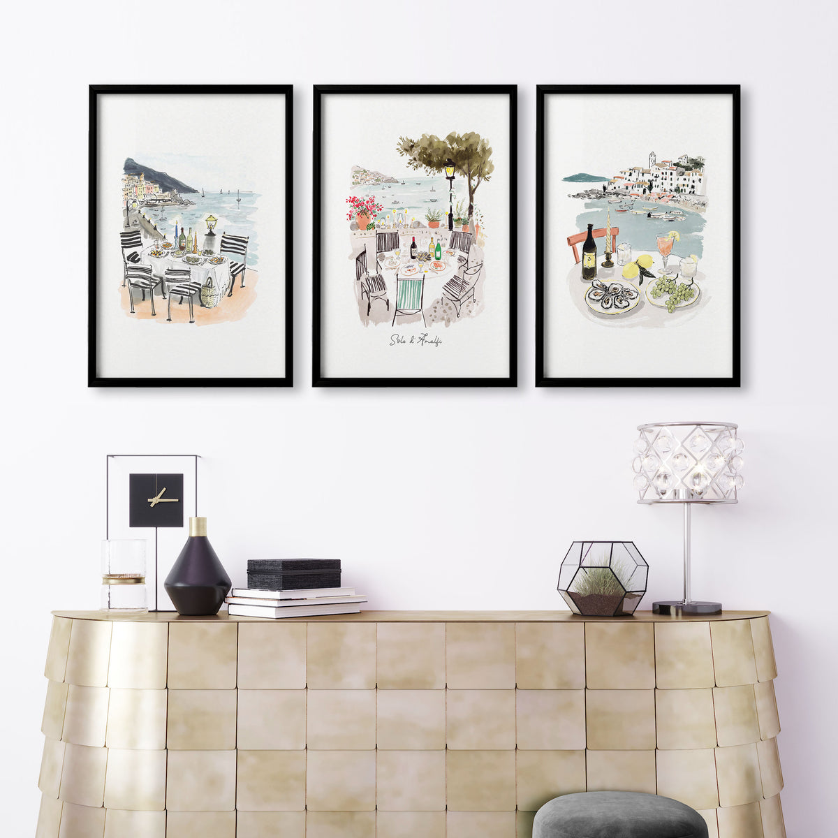 Large Pictures for Living Room "Solo d'Amalfi" Mediterranean Coastal Watercolour wall art displayed on a wall in a styled room — view 9