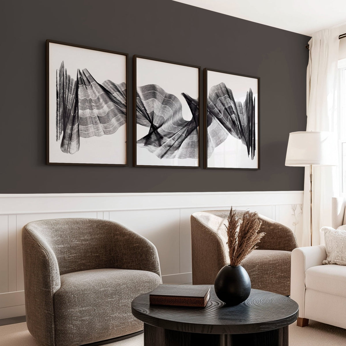 Large wall art for Living Room Abstract Charcoal Flowing Waves Wall Art displayed on a wall in a styled room