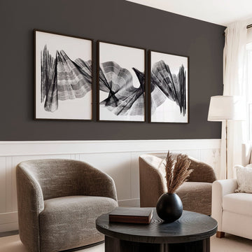 Large wall art for Living Room Abstract Charcoal Flowing Waves Wall Art displayed on a wall in a styled room
