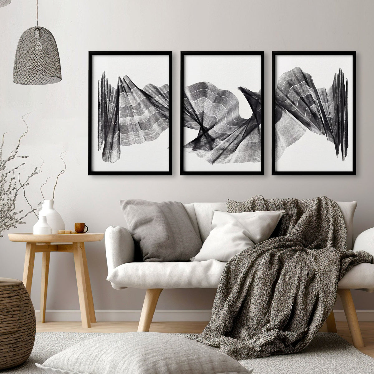 Large wall art for Living Room Abstract Charcoal Flowing Waves Wall Art displayed on a wall in a styled room — view 12