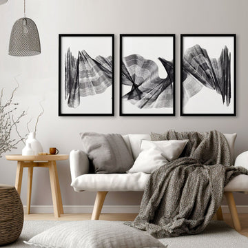 Large wall art for Living Room Abstract Charcoal Flowing Waves Wall Art displayed on a wall in a styled room — view 12