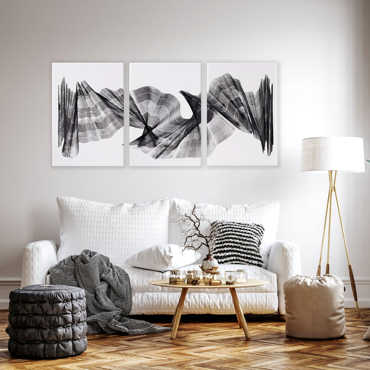 Large wall art for Living Room Abstract Charcoal Flowing Waves Wall Art displayed on a wall in a styled room — view 13