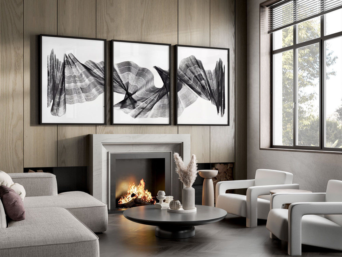 Large wall art for Living Room Abstract Charcoal Flowing Waves Wall Art displayed on a wall in a styled room — view 14