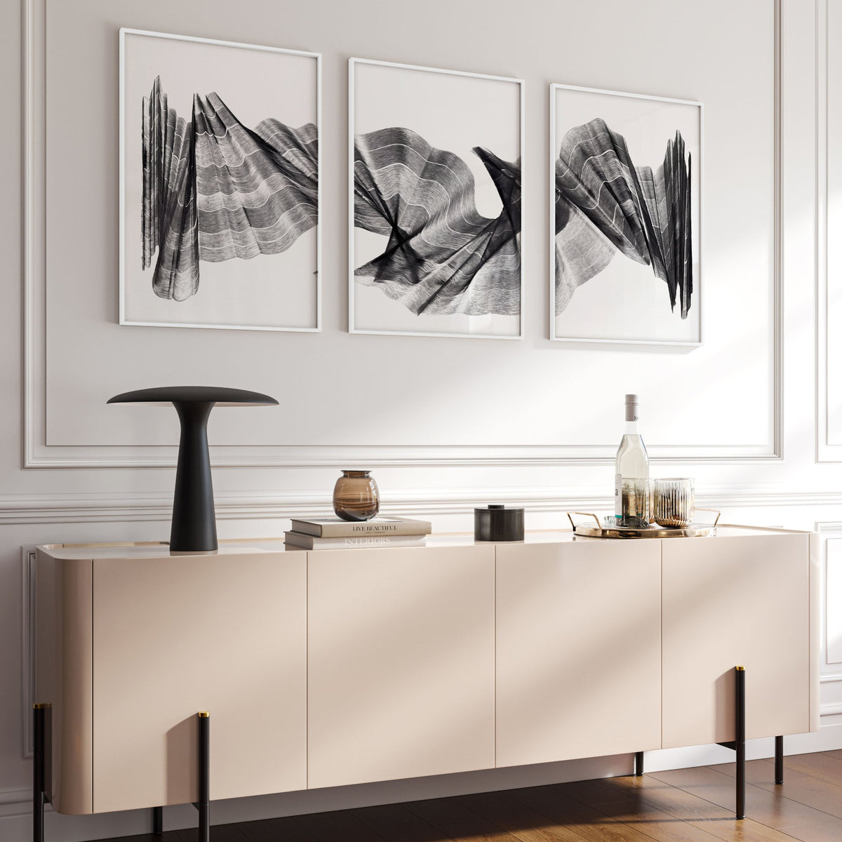 Large wall art for Living Room Abstract Charcoal Flowing Waves Wall Art displayed on a wall in a styled room — view 15