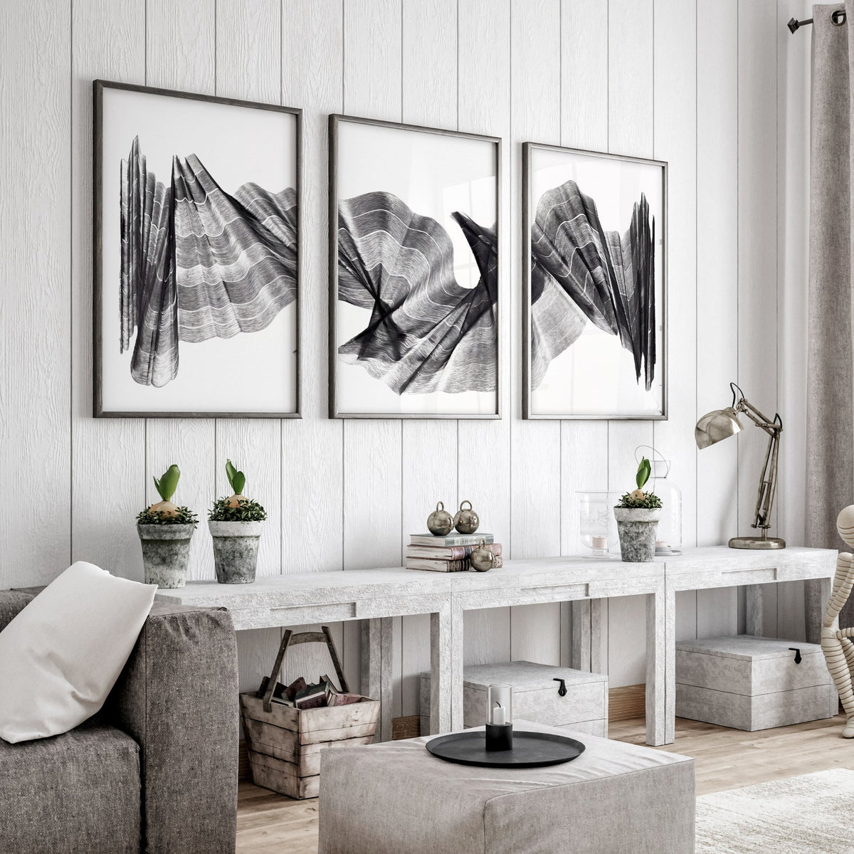 Large wall art for Living Room Abstract Charcoal Flowing Waves Wall Art displayed on a wall in a styled room — view 4