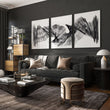 Large wall art for Living Room Abstract Charcoal Flowing Waves Wall Art displayed on a wall in a styled room — view 6
