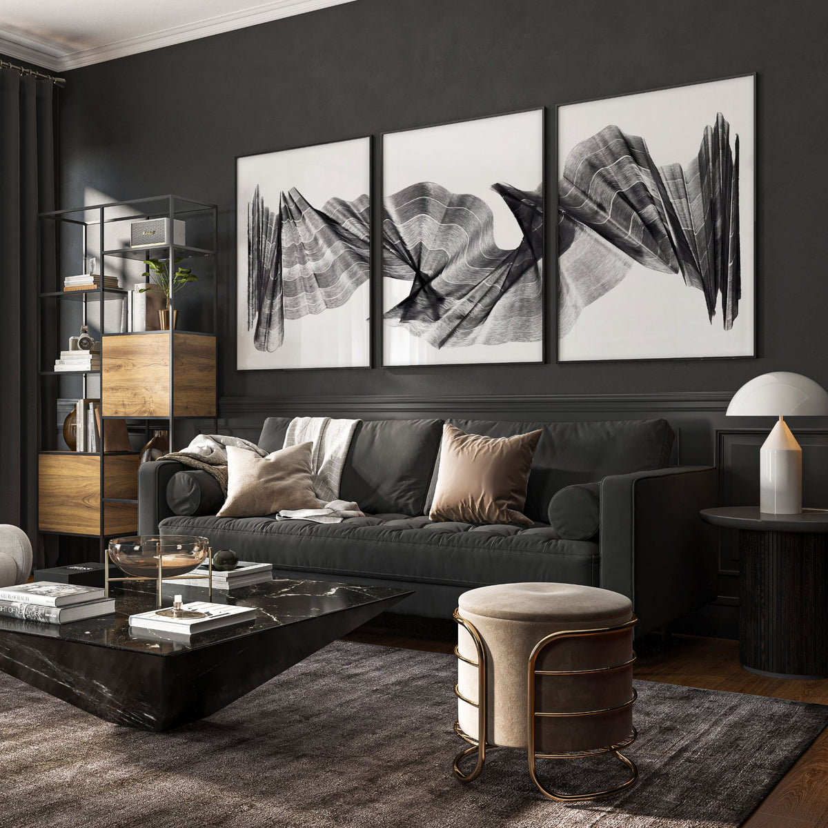 Large wall art for Living Room Abstract Charcoal Flowing Waves Wall Art displayed on a wall in a styled room — view 6