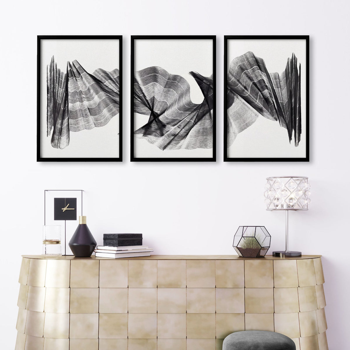 Large wall art for Living Room Abstract Charcoal Flowing Waves Wall Art displayed on a wall in a styled room — view 8