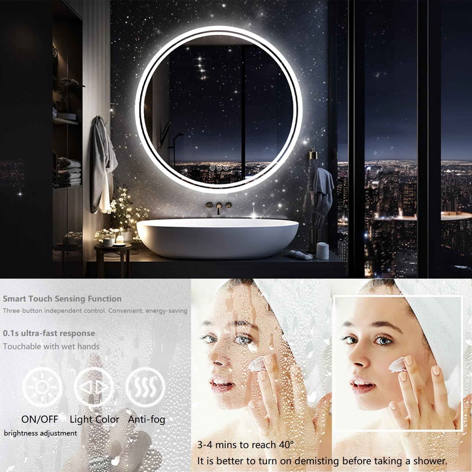 Large Round LED Bathroom Vanity Mirror Anti - Fog with Brighter Lights for Makeup Wall Mount Smart Touch