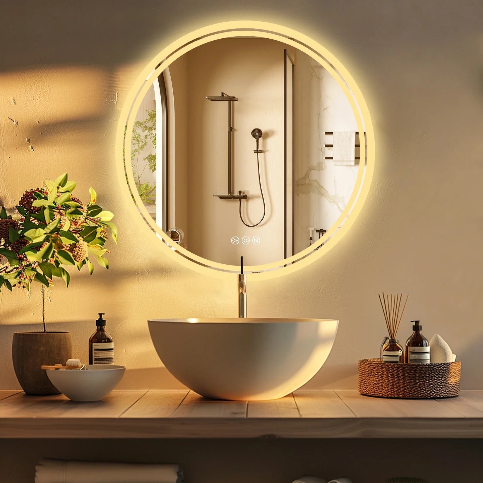 Large Round LED Bathroom Vanity Mirror Anti - Fog with Brighter Lights for Makeup Wall Mount Smart Touch