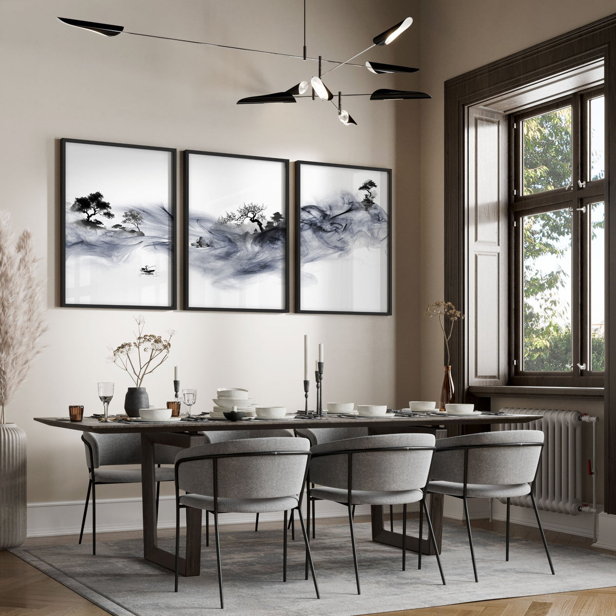 Large Wall Art Blue Japandi Ink Wash Landscape displayed on a wall in a styled room
