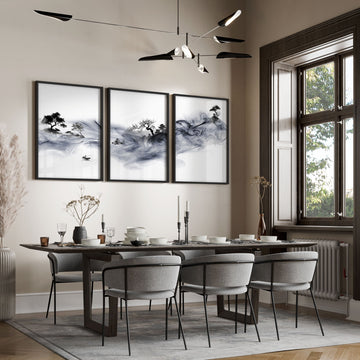 Large Wall Art Blue Japandi Ink Wash Landscape displayed on a wall in a styled room