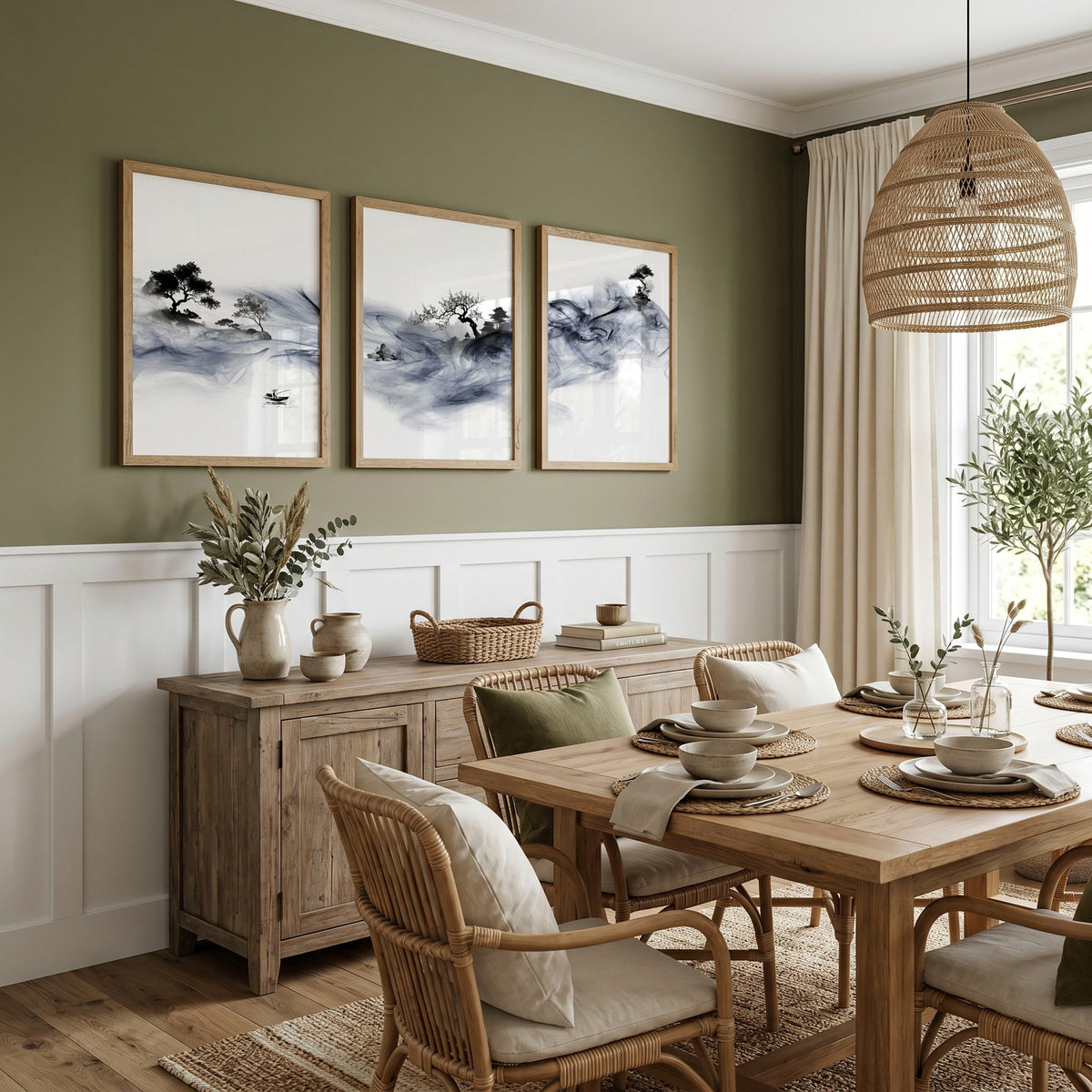 Large Wall Art Blue Japandi Ink Wash Landscape displayed on a wall in a styled room — view 2
