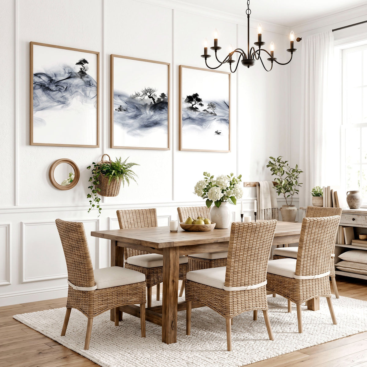 Large Wall Art Blue Japandi Ink Wash Landscape displayed on a wall in a styled room — view 3