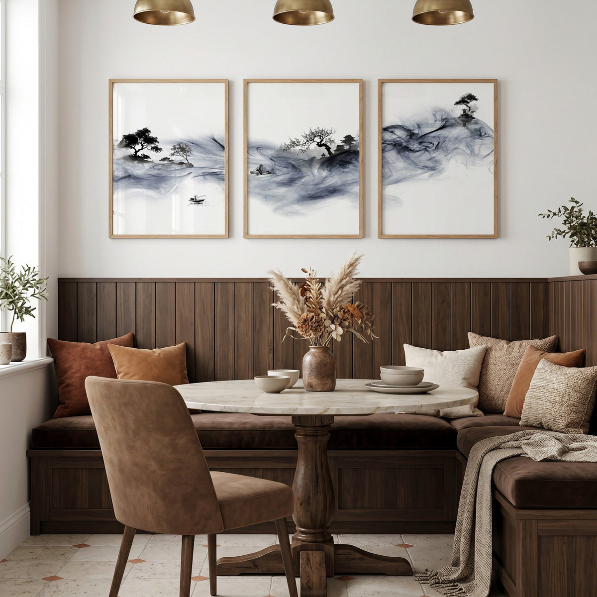 Large Wall Art Blue Japandi Ink Wash Landscape displayed on a wall in a styled room — view 4