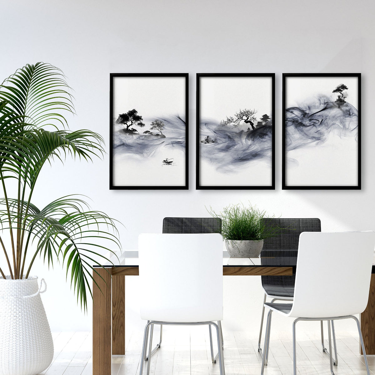 Large Wall Art Blue Japandi Ink Wash Landscape displayed on a wall in a styled room — view 5