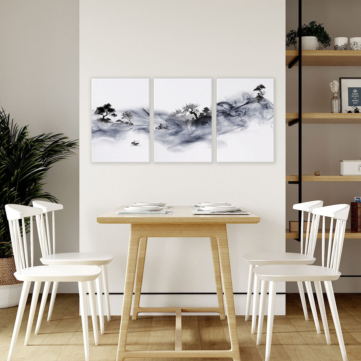 Large Wall Art Blue Japandi Ink Wash Landscape displayed on a wall in a styled room — view 6