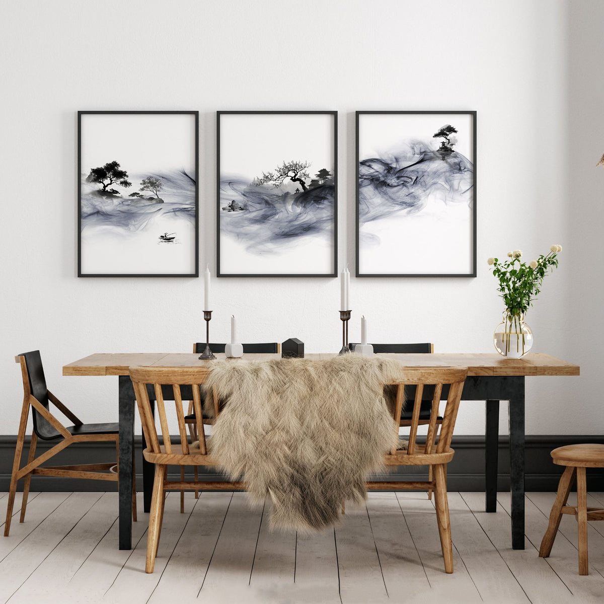 Large Wall Art Blue Japandi Ink Wash Landscape displayed on a wall in a styled room — view 7