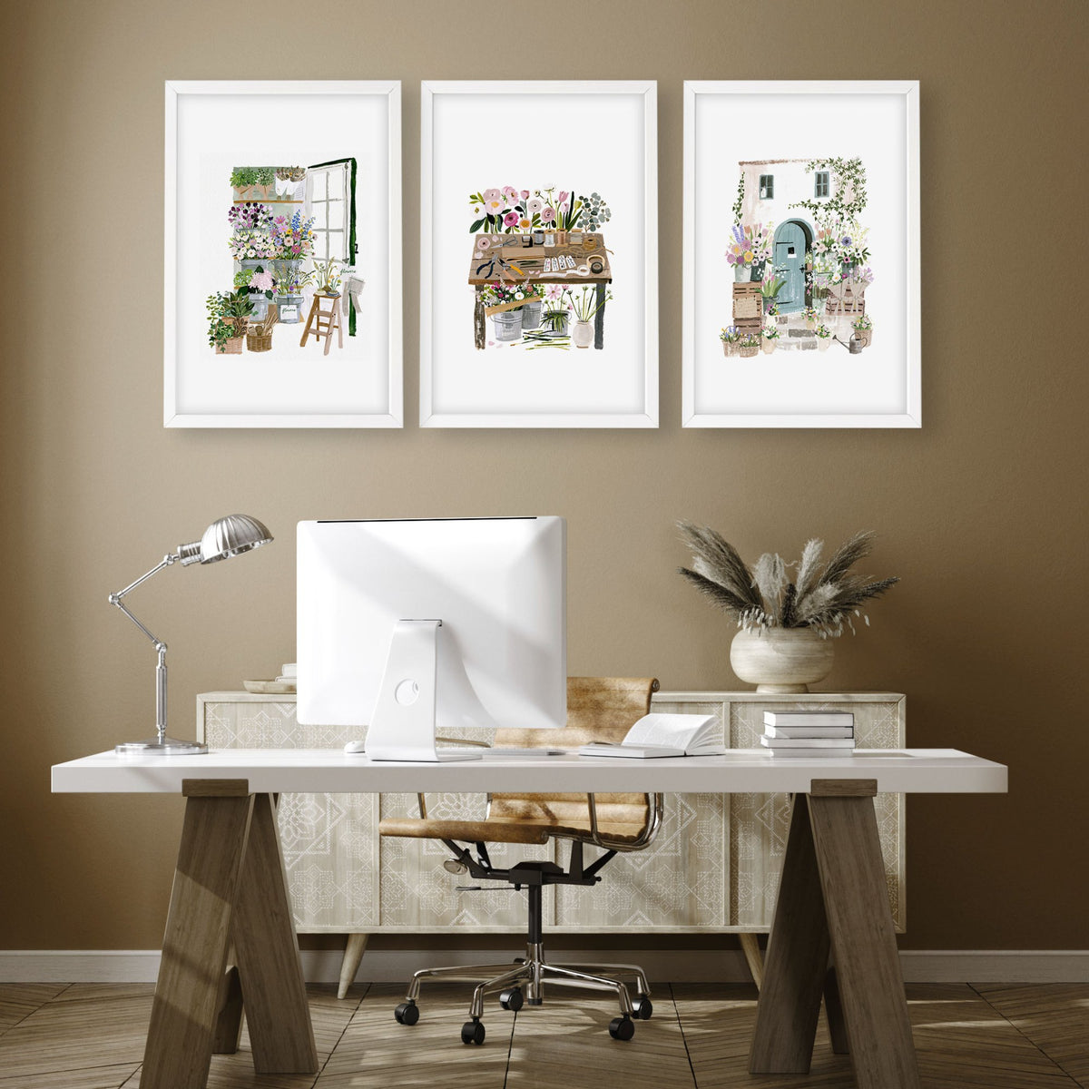 Large Wall Art Green Cottage Flower Shop Illustration displayed on a wall in a styled room