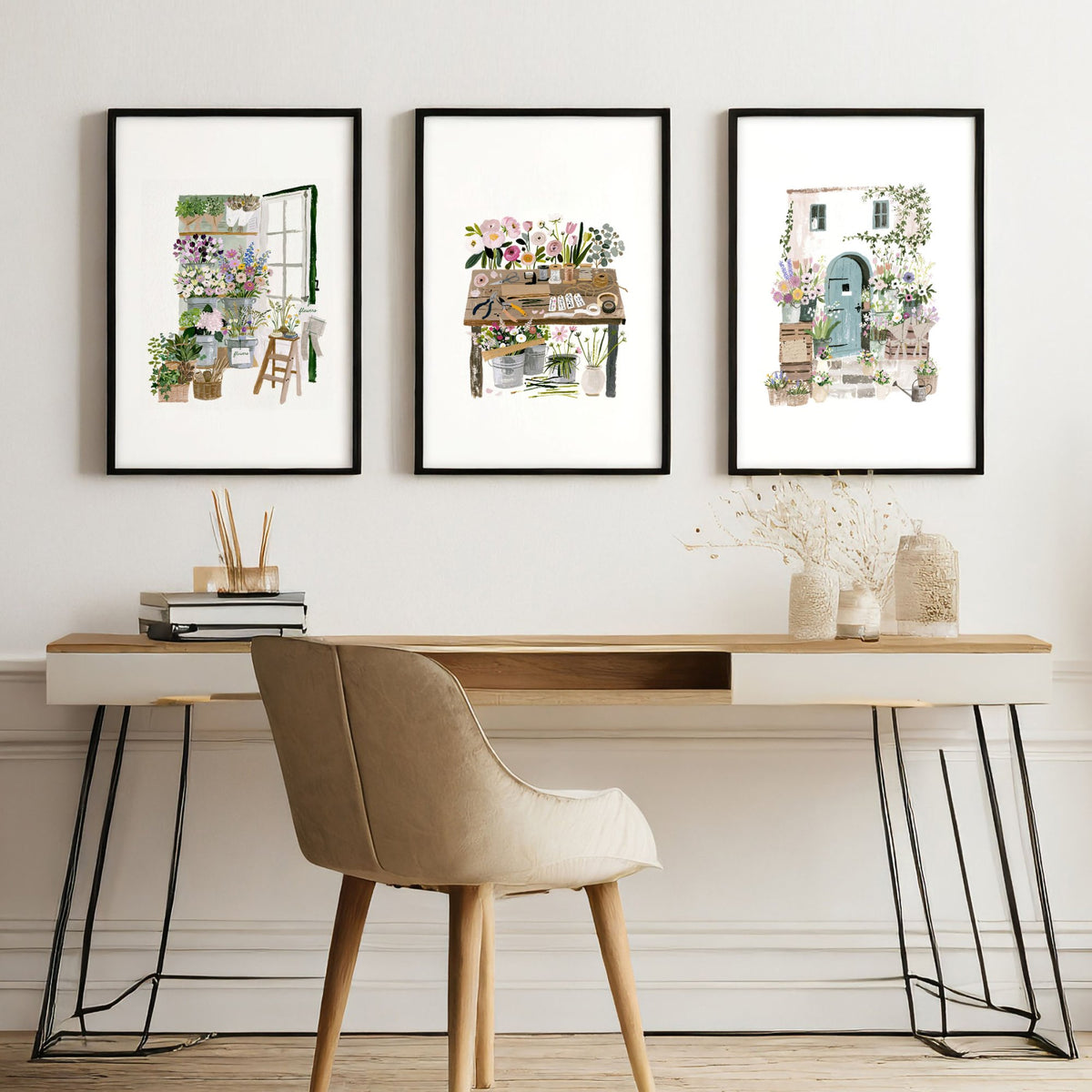 Large Wall Art Green Cottage Flower Shop Illustration displayed on a wall in a styled room — view 2
