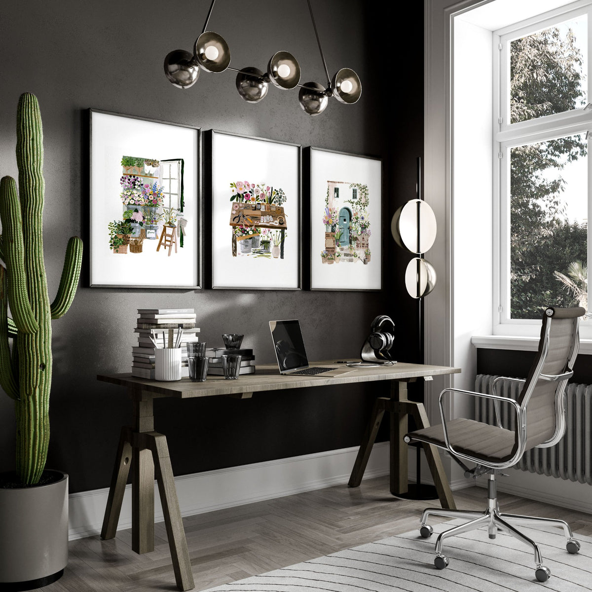 Large Wall Art Green Cottage Flower Shop Illustration displayed on a wall in a styled room — view 3