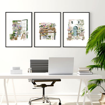 Large Wall Art Green Cottage Flower Shop Illustration displayed on a wall in a styled room — view 4