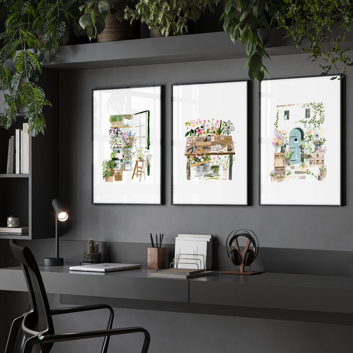 Large Wall Art Green Cottage Flower Shop Illustration displayed on a wall in a styled room — view 5