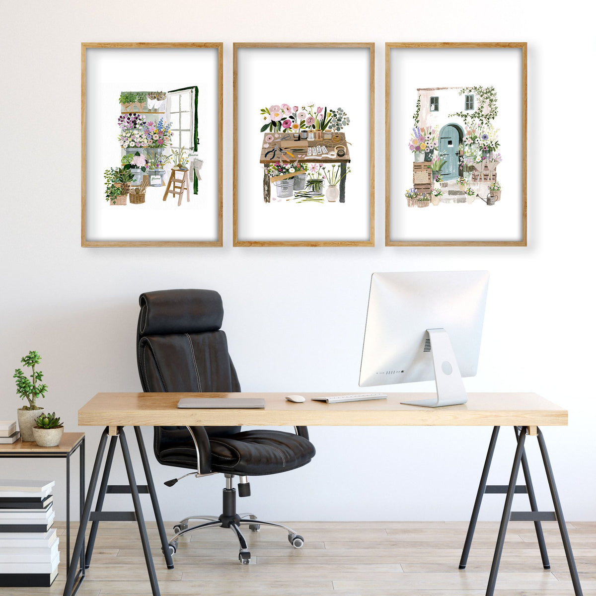 Large Wall Art Green Cottage Flower Shop Illustration displayed on a wall in a styled room — view 6