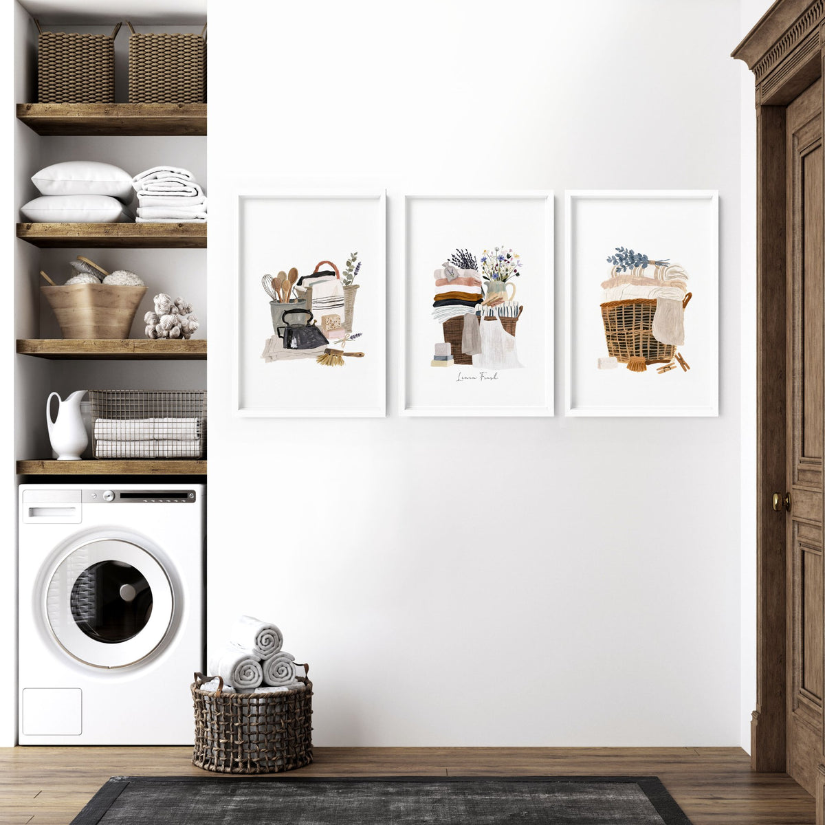 Laundry Room wall art French Country "Linen Fresh" Watercolour Wall Art displayed on a wall in a styled room — view 4