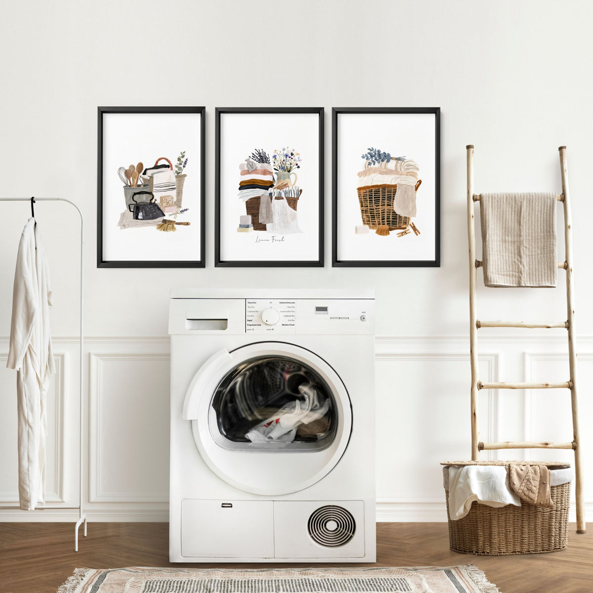 Laundry Room wall art French Country "Linen Fresh" Watercolour Wall Art displayed on a wall in a styled room — view 5