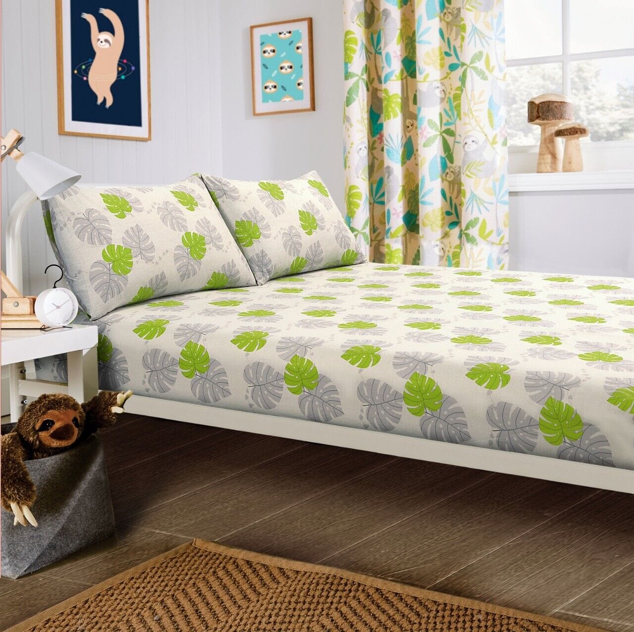 Lazy Sloth Kids Duvet Set Soft Cotton Blend Bedding with Pillowcase and Matching Curtains OEKO - TEX Certified Available in Single and Double Sizes