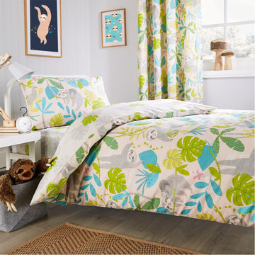 Lazy Sloth Kids Duvet Set Soft Cotton Blend Bedding with Pillowcase and Matching Curtains OEKO - TEX Certified Available in Single and Double Sizes