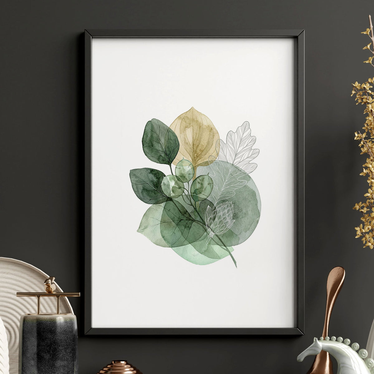 Leaves Artwork | Watercolour Green & Ochre Botanical wall art — piece 1 of 3 in the set