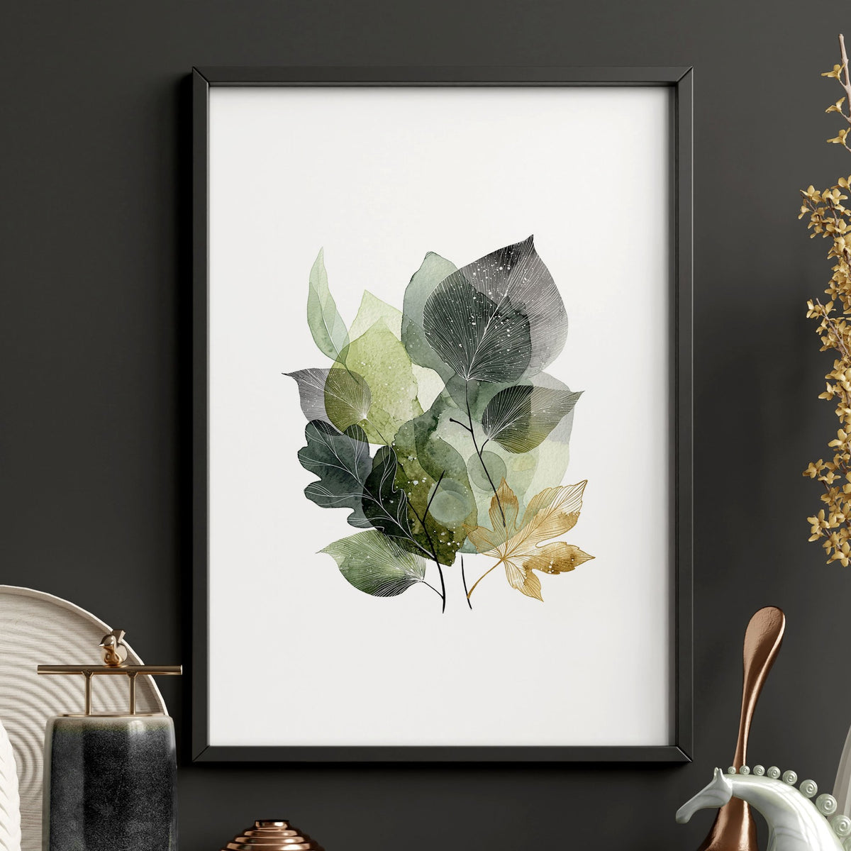 Leaves Artwork | Watercolour Green & Ochre Botanical wall art — piece 2 of 3 in the set