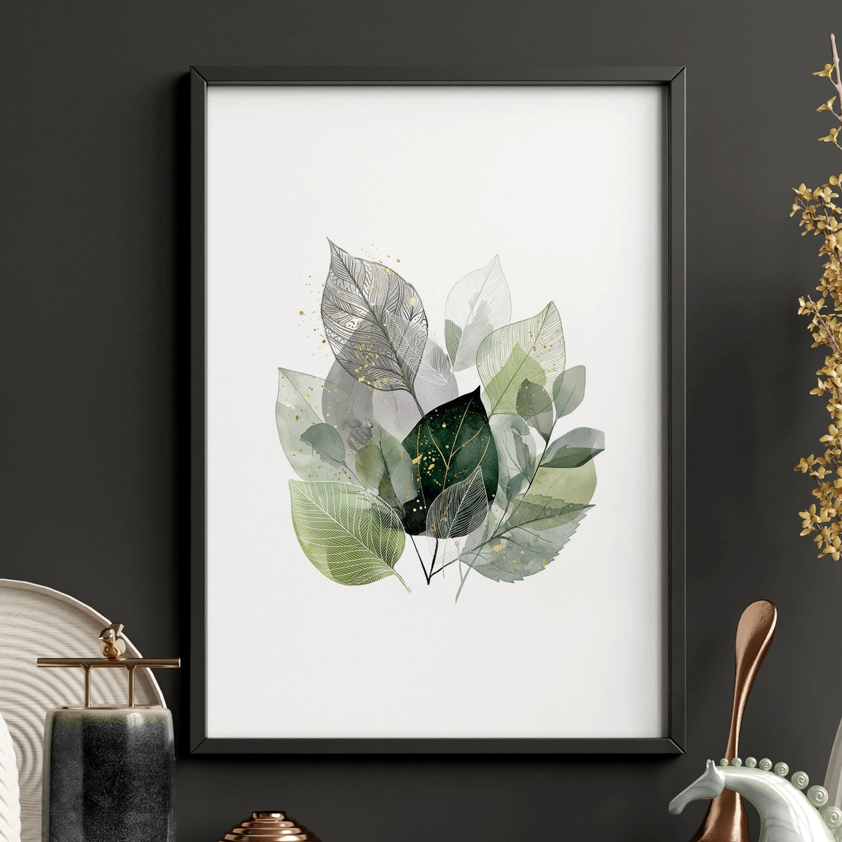 Leaves Artwork | Watercolour Green & Ochre Botanical wall art — piece 3 of 3 in the set