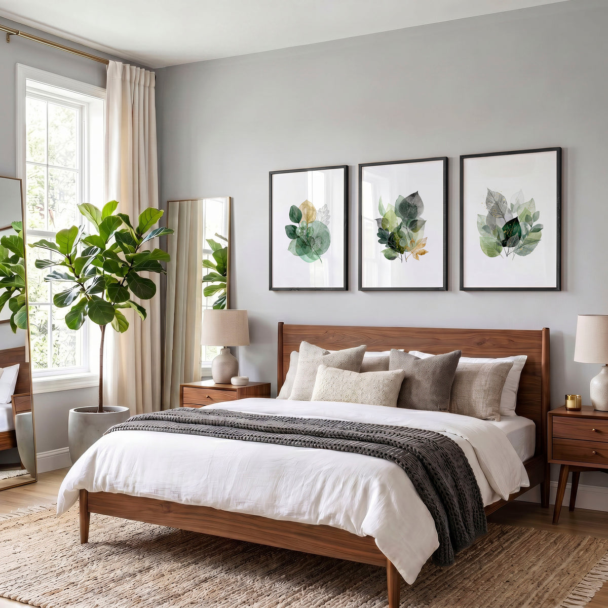 Leaves Artwork | Watercolour Green & Ochre Botanical wall art displayed on a wall in a styled room