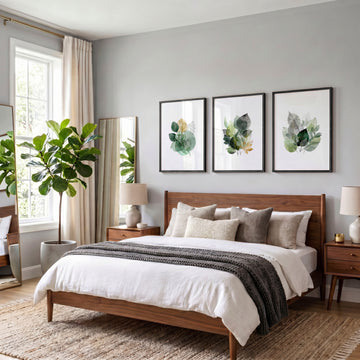 Leaves Artwork | Watercolour Green & Ochre Botanical wall art displayed on a wall in a styled room