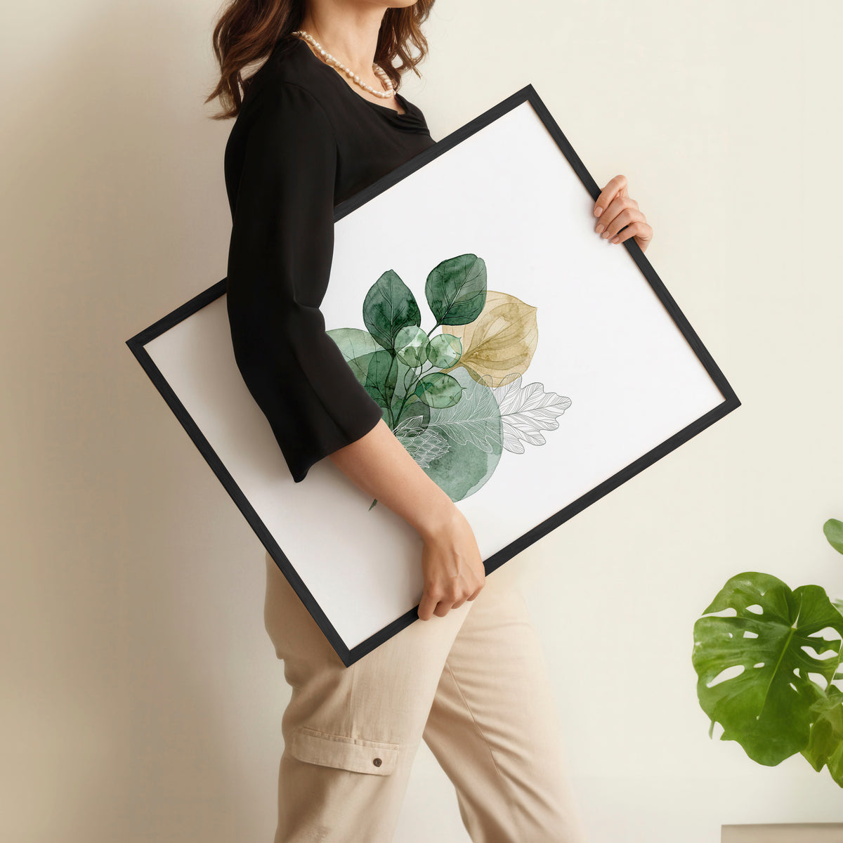 Leaves Artwork | Watercolour Green & Ochre Botanical wall art displayed on a wall in a styled room — view 10