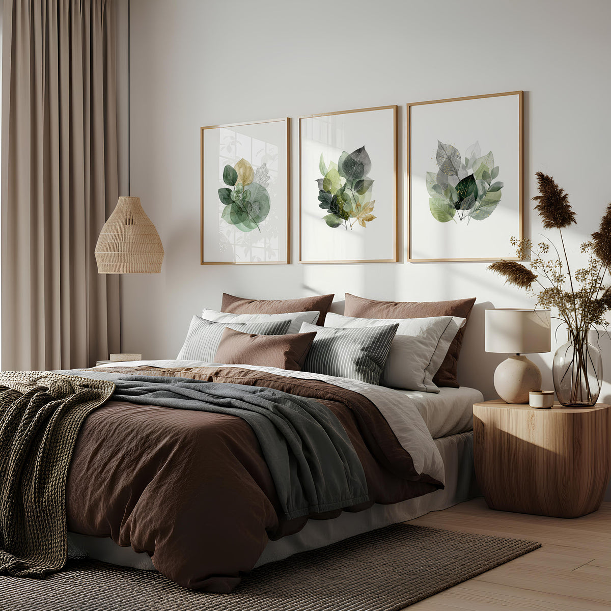 Leaves Artwork | Watercolour Green & Ochre Botanical wall art displayed on a wall in a styled room — view 2