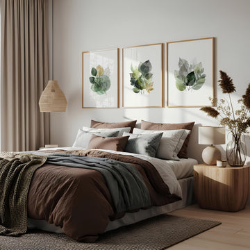 Leaves Artwork | Watercolour Green & Ochre Botanical wall art displayed on a wall in a styled room — view 2